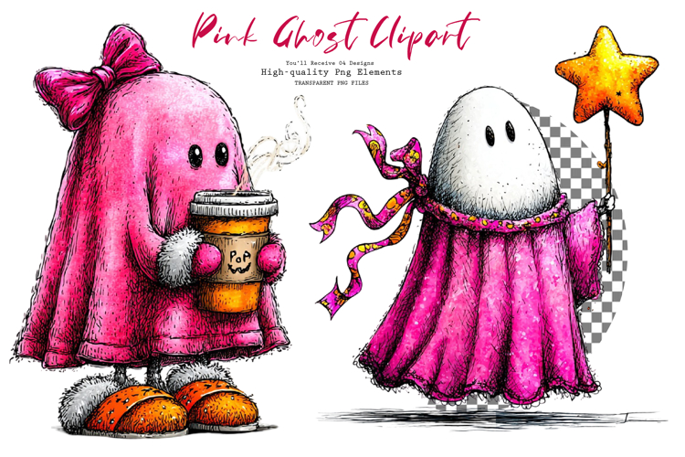 Pink Halloween Ghost Clipart Bundle PNG