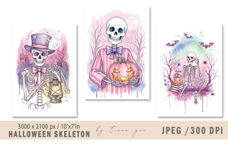 Cute watercolor Halloween skeleton illustrations- 3 jpeg