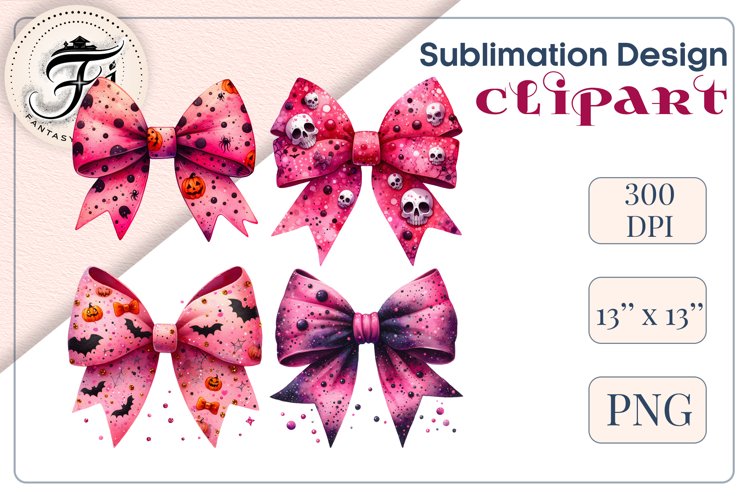 Set Pink Watercolor Bows, Halloween Sublimation Design, Png