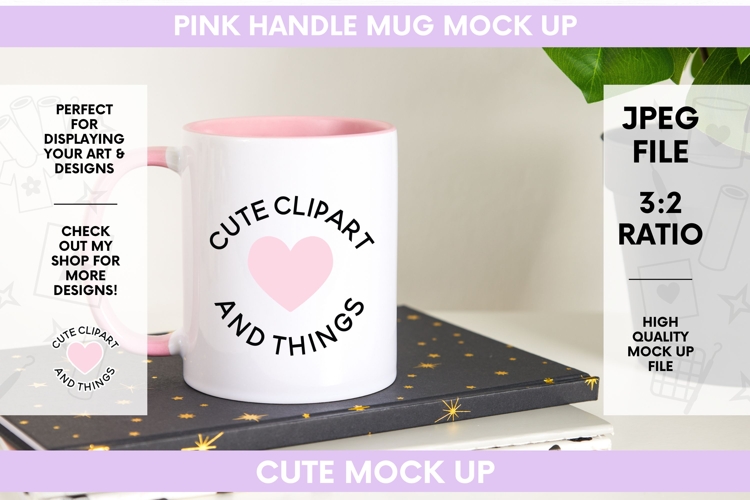 Mug Mock Up | 11oz Pink Handle Mug Mock Up With Monstera