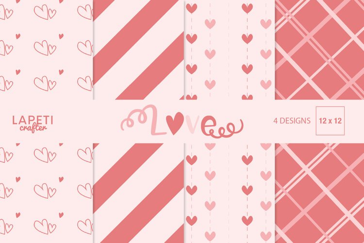 Four pink digital papers with heart, stripe and plaid patterns
