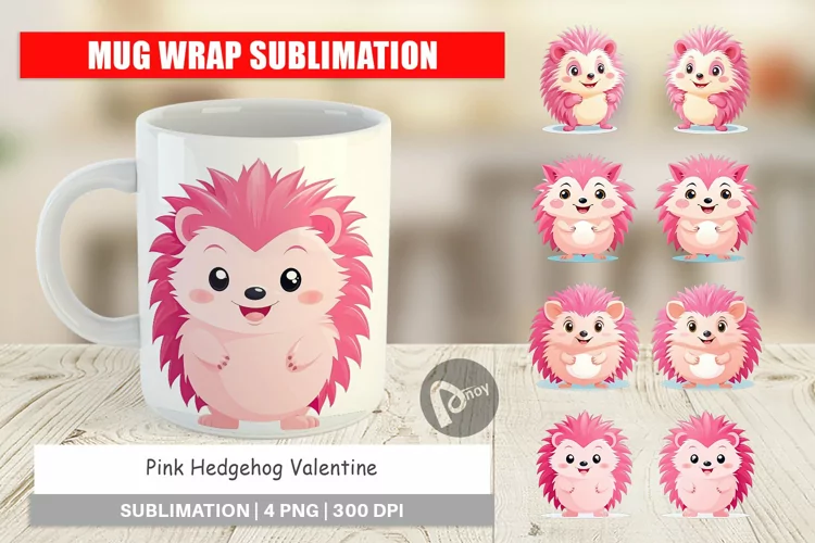 Mug Wrap Design Pink Hedgehog Valentine