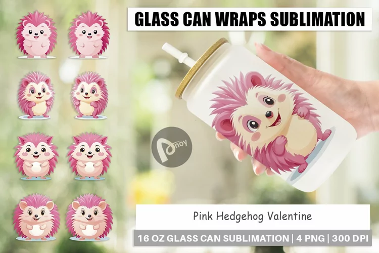 Glass Can Wraps Pink Hedgehog Valentine