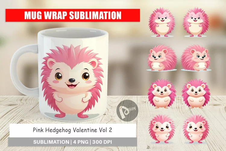 Mug Wrap Design Pink Hedgehog Valentine
