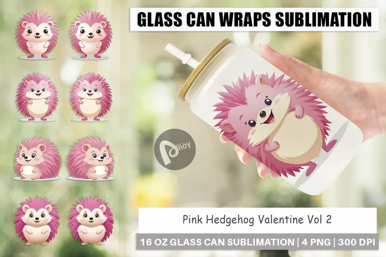 Glass Can Wraps Pink Hedgehog Valentine