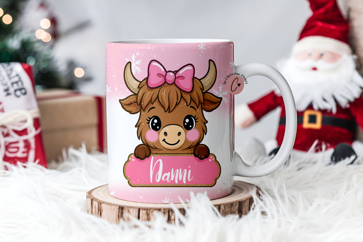 Pink Custom Christmas Highland Cow Mug Wrap