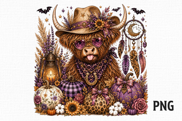 Pink Highland Cow Halloween PNG