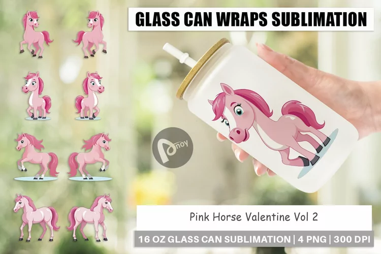 Glass Can Wraps Pink Horse Valentine