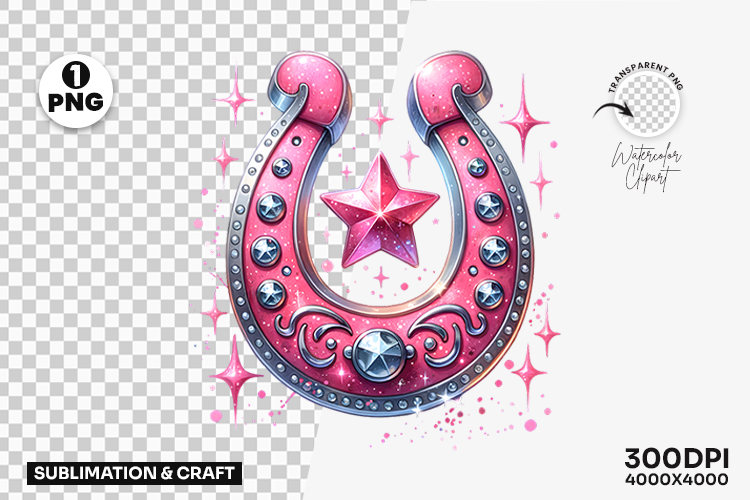 Pink Horseshoe with Star Clipart PNG Sublimation Design
