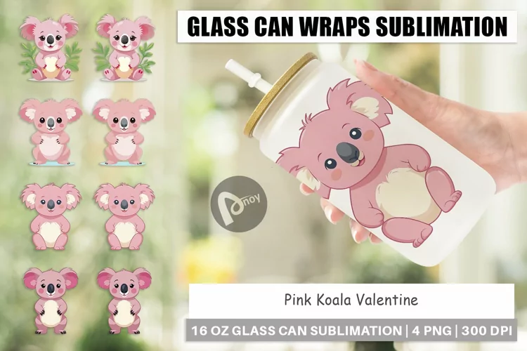 Glass Can Wraps Pink Koala Valentine