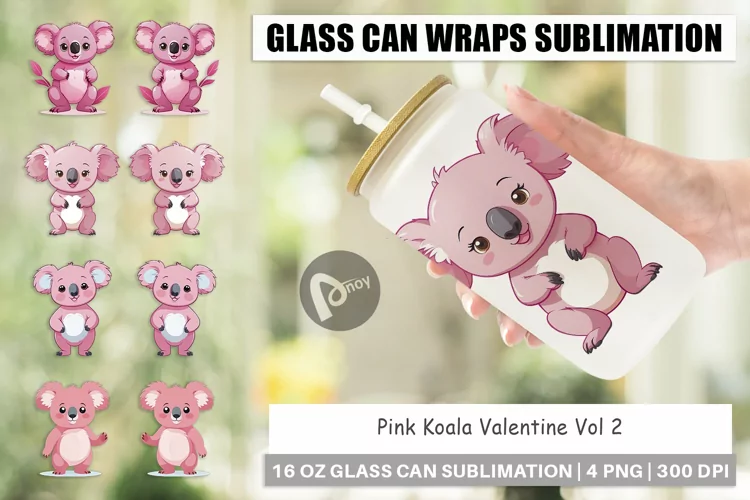 Glass Can Wraps Pink Koala Valentine