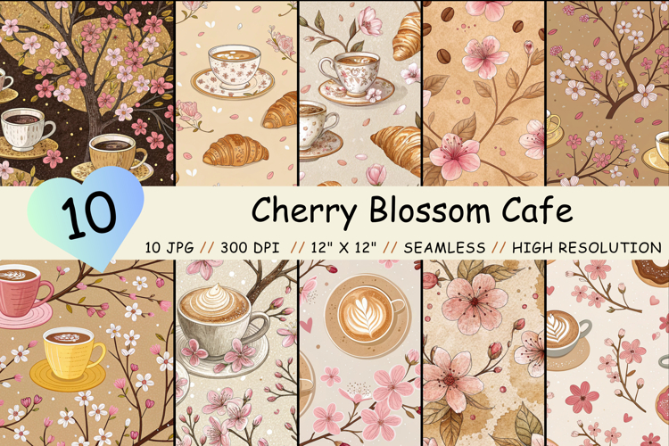 Cherry Blossom Cafe Digital Paper, Seamless Pattern