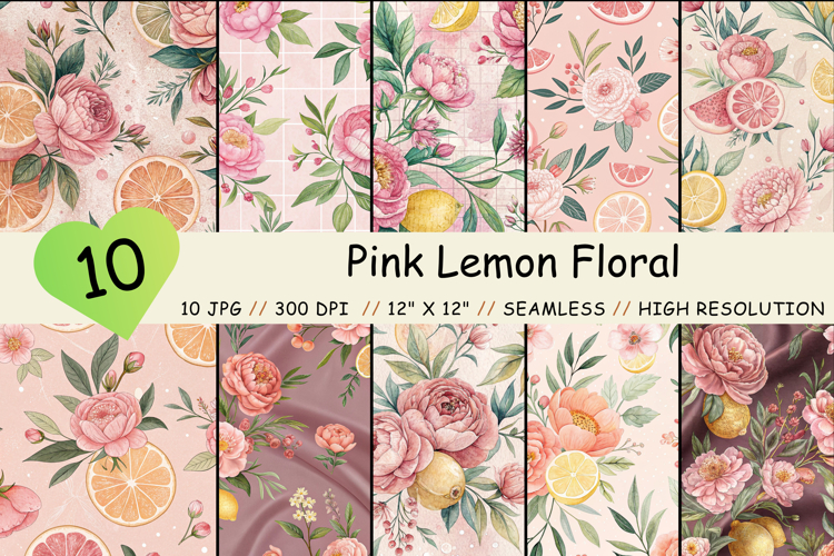 Pink Lemon Floral Seamless Pattern, Digital Paper