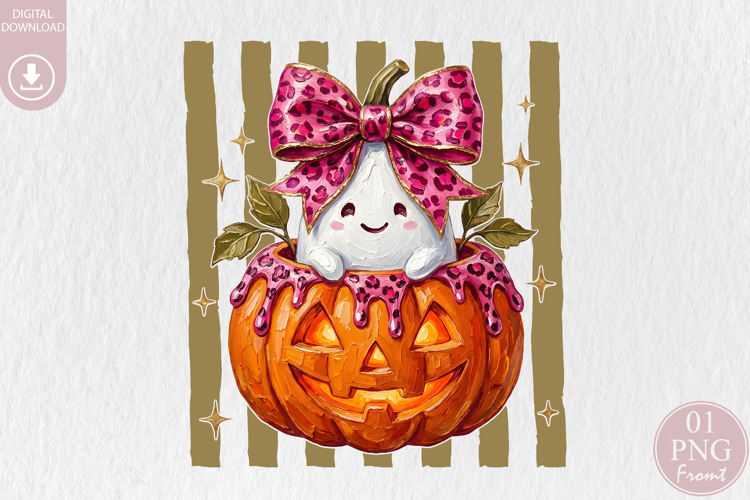 Pink Leopard Ghost Pumpkin PNG, Halloween Sublimation Design