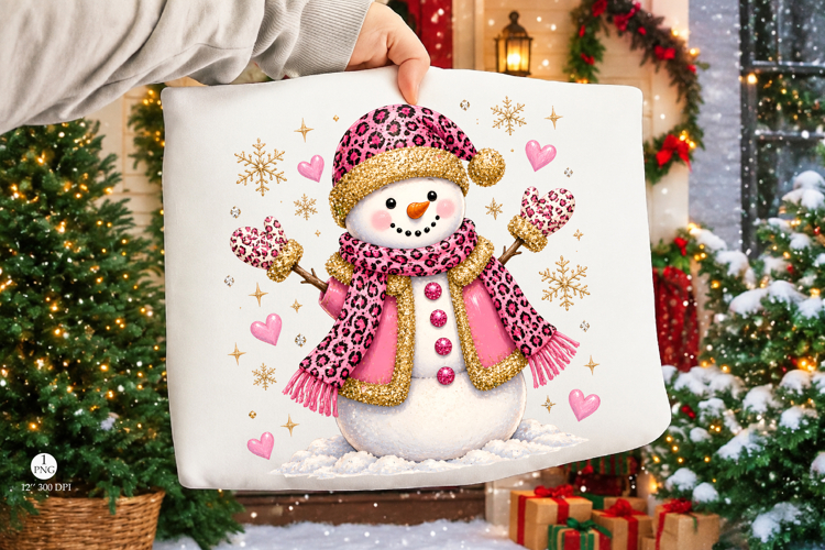 Pink Leopard Snowman Glitter Png, Girly Winter Christmas Png