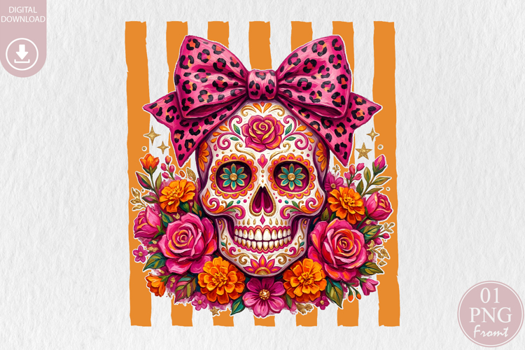 Pink Leopard Sugar Skull PNG, Halloween Sublimation Design