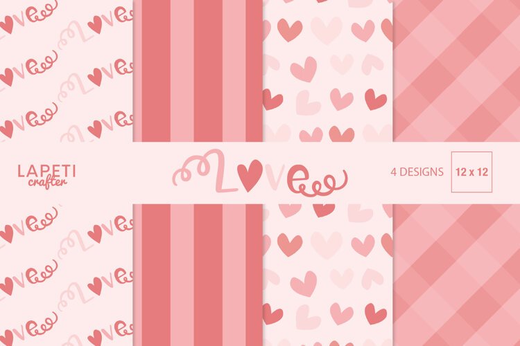 Pink love digital papers with hearts stripes and plaid patterns
