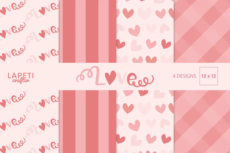 Pink Love Digital Papers with Hearts and Plaid