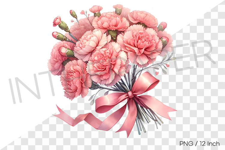 Abundant carnation flower bouquet and ribbon PNG clipart