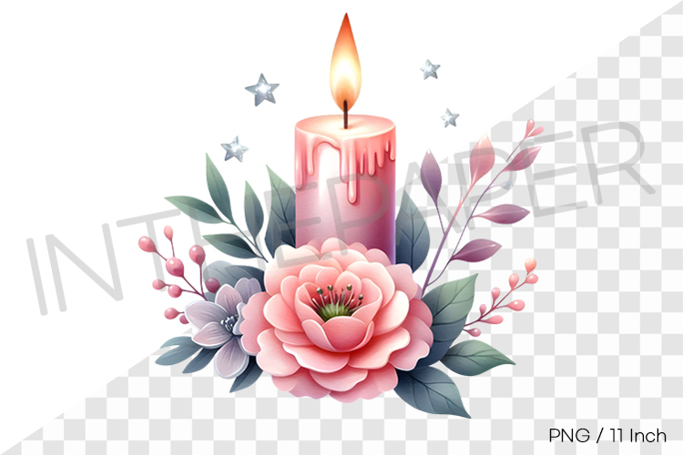 Lit pink candle decorated with flowers PNG clipart accessory