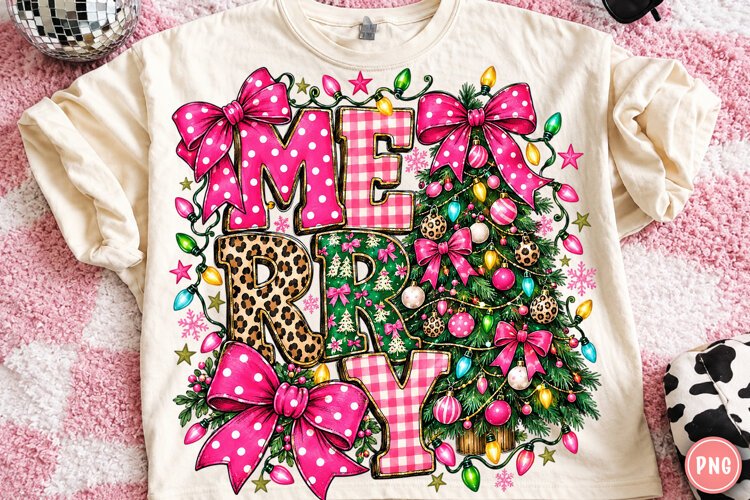 Merry Christmas Pink Leopard PNG | Coquette Bow Christmas example image 1