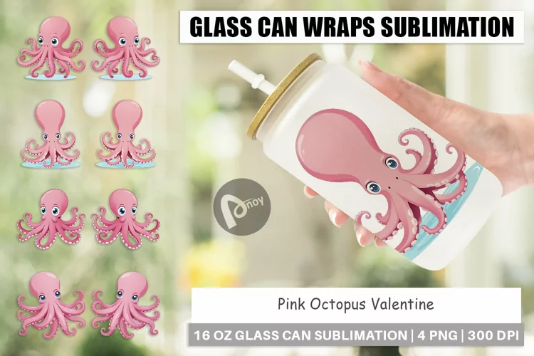 Glass Can Wraps Pink Octopus Valentine