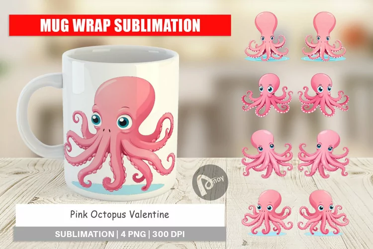 Mug Wrap Design Pink Octopus Valentine