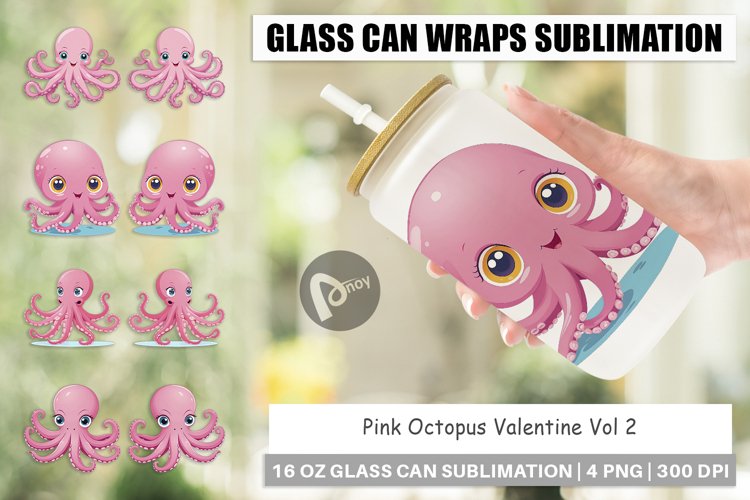 Glass Can Wraps Pink Octopus Valentine example image 1