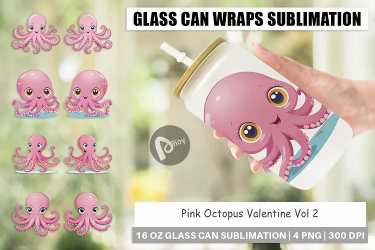 Glass Can Wraps Pink Octopus Valentine