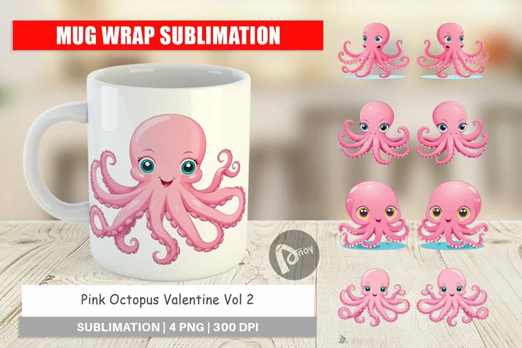 Mug Wrap Design Pink Octopus Valentine
