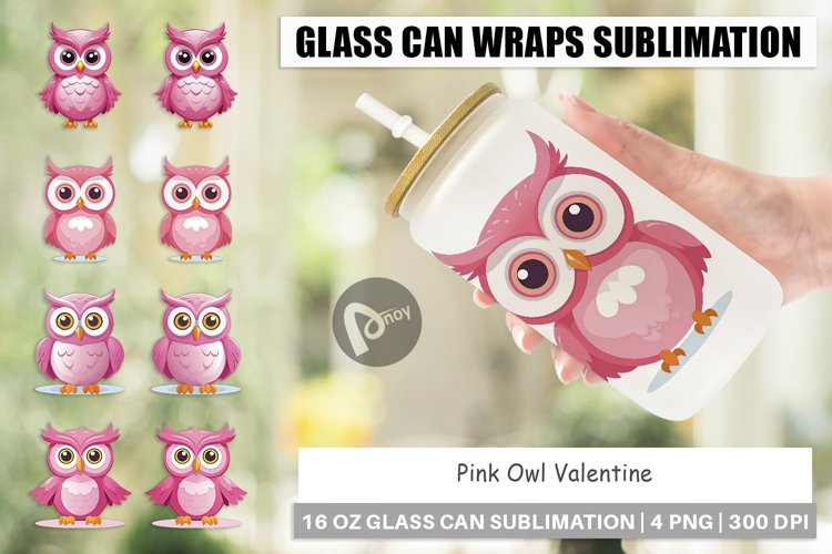 Glass Can Wraps Pink Owl Valentine example image 1
