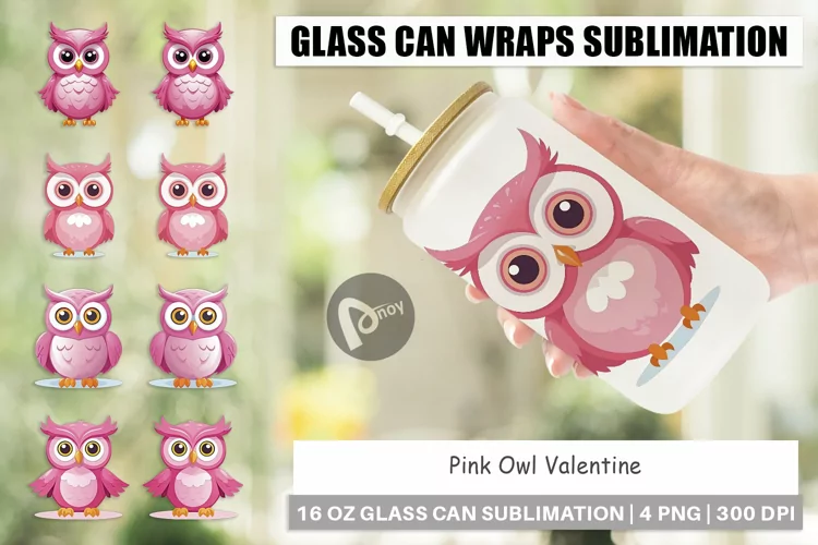 Glass Can Wraps Pink Owl Valentine