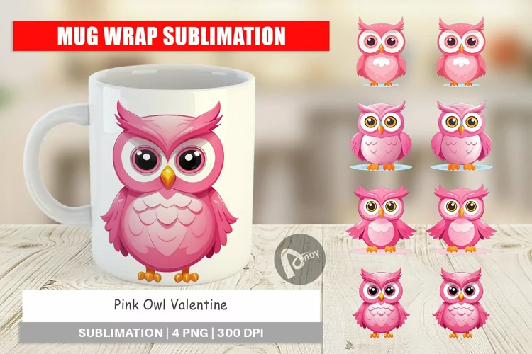 Mug Wrap Design Pink Owl Valentine