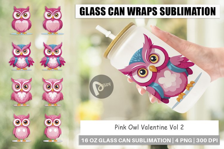 Glass Can Wraps Pink Owl Valentine example image 1