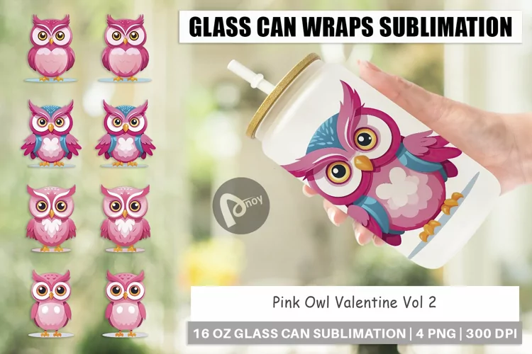 Glass Can Wraps Pink Owl Valentine