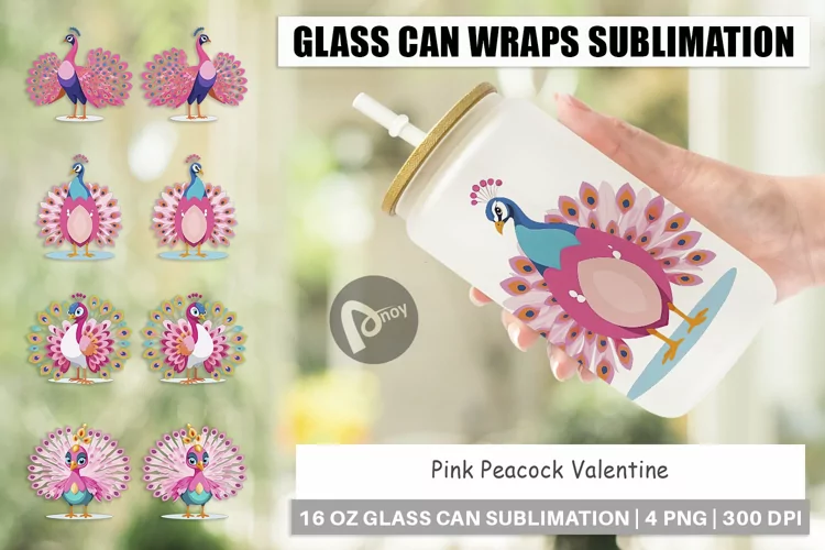 Glass Can Wraps Pink Peacock Valentine
