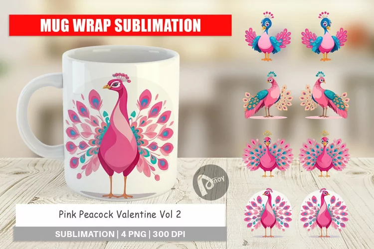 Mug Wrap Design Pink Peacock Valentine
