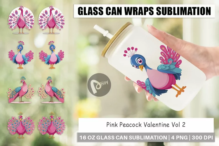 Glass Can Wraps Pink Peacock Valentine