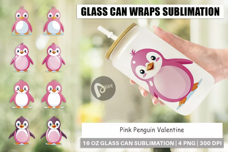 Glass Can Wraps Pink Penguin Valentine