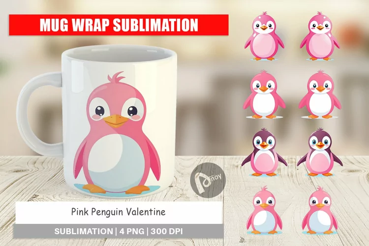 Mug Wrap Design Pink Penguin Valentine