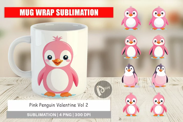Mug Wrap Design Pink Penguin Valentine