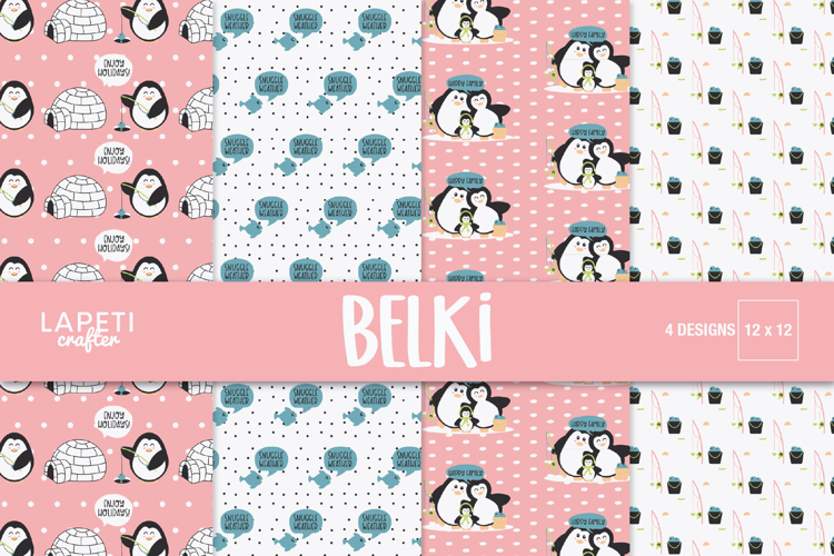 Pink Winter Penguin Digital Paper, 12x12