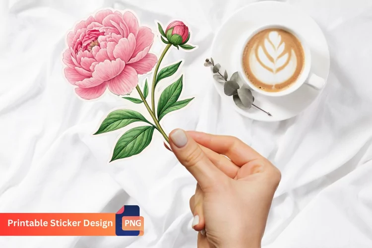 Pink Peony Flower Sticker, Floral Sticker, Peony Decor Art