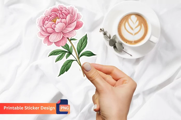 Pink Peony Flower Sticker, Floral Sticker, Peony Decor Art