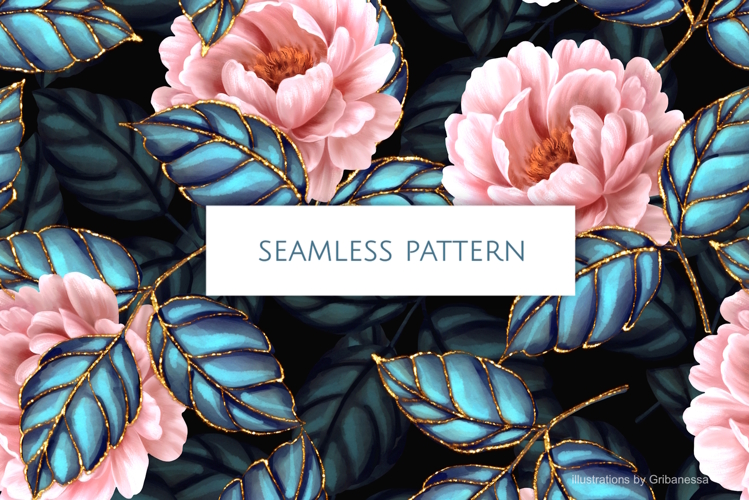 Pink Peonies and Blue Leaves Seamless Pattern