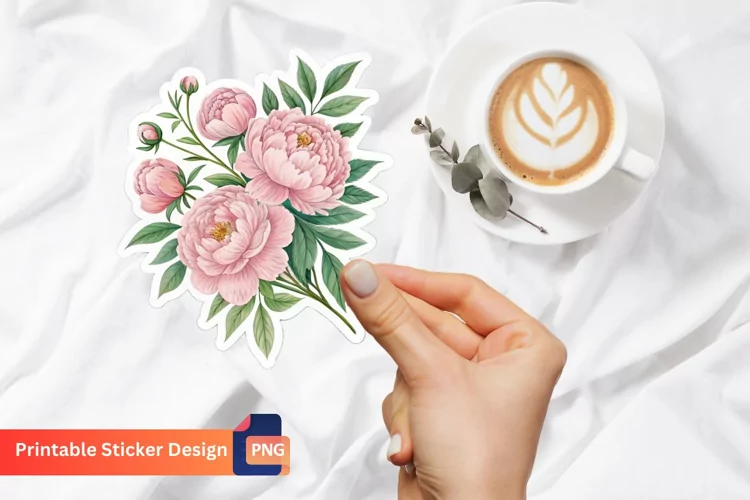Pink Peony Flower Sticker, Botanical Peony Sticker