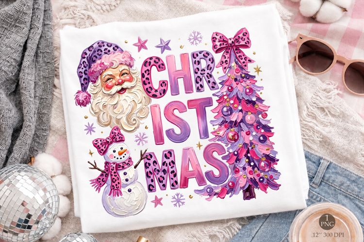 Pink Purple Leopard Christmas PNG, Retro Holiday Art
