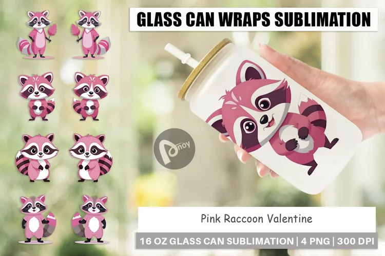 Glass Can Wraps Pink Raccoon Valentine
