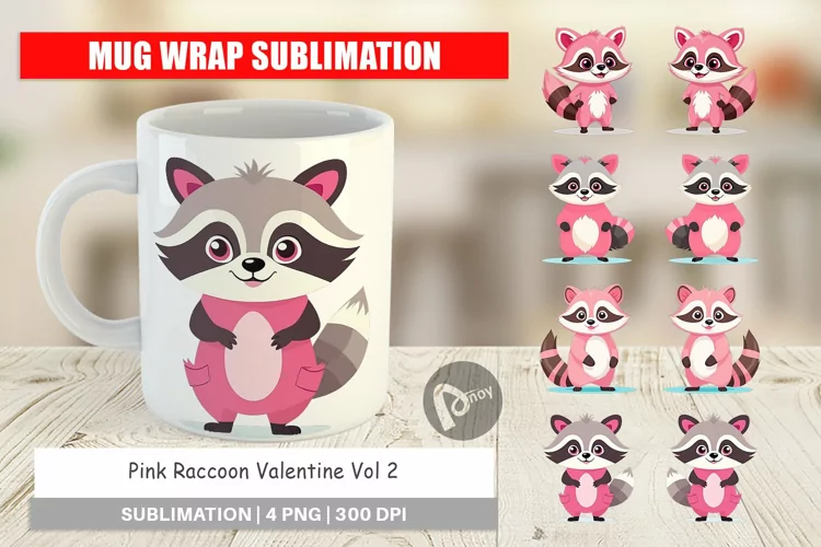 Mug Wrap Design Pink Raccoon Valentine