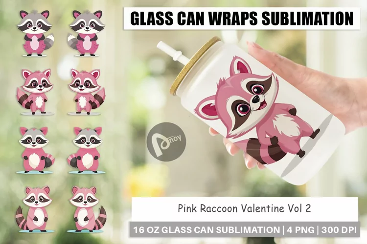 Glass Can Wraps Pink Raccoon Valentine